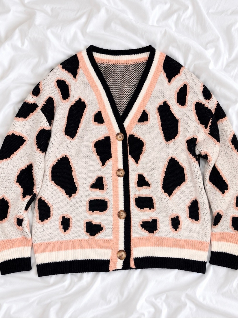 Leopard-Print V-Neck Cardigan in Pink, Black & Cream